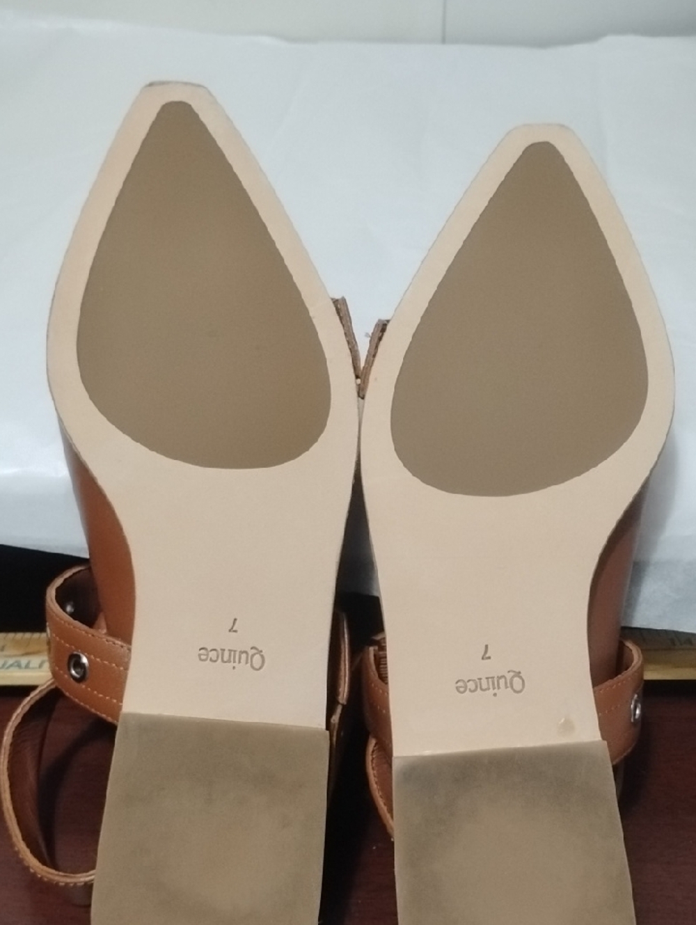 Quince Tan Pointed-Toe Buckle Flats with Eyelet Straps - Picture 8 of 9
